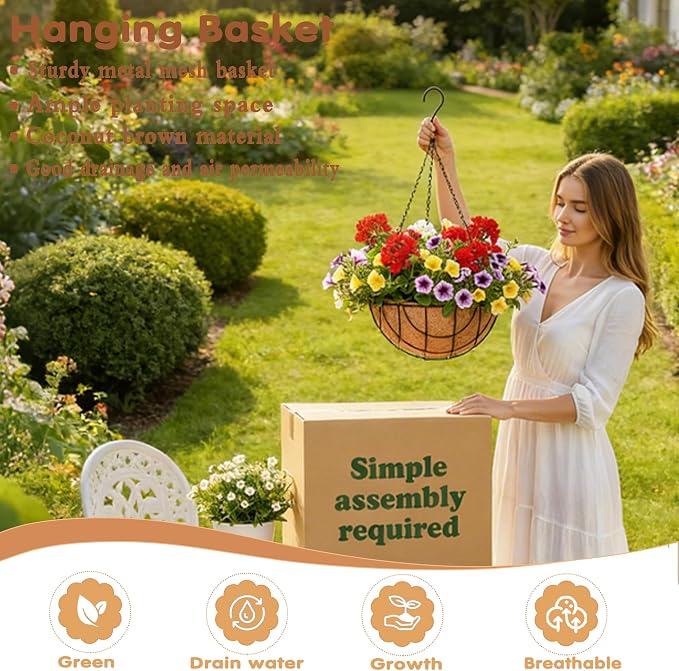 12 inch Metal Hanging Baskets for Plants Outdoor 4 Pack Round Metal Wire - Image 2