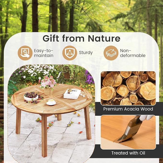 Tangkula 5 Pieces Wood Round Patio Dining Set, Outdoor Acacia Table and Chairs - Image 7