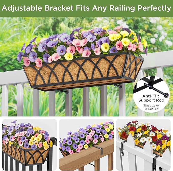 Y&M 24 Inch Window Deck with Coco Liner, Fence Metal Hanging Flower Planter - Image 2