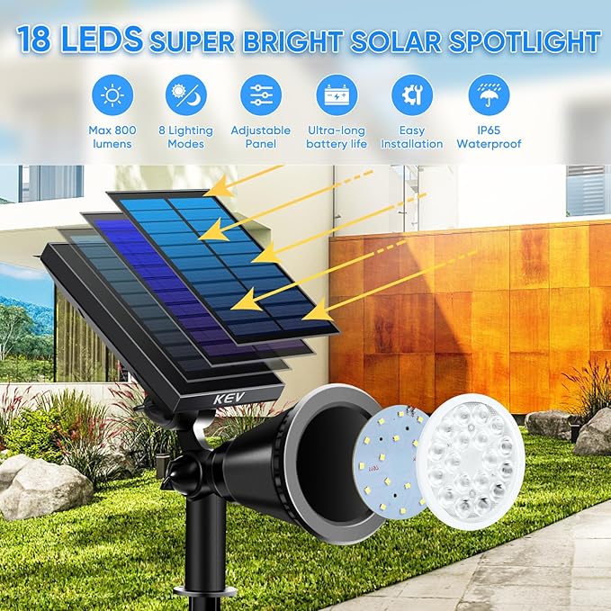 KEV 800 Lumens Solar Spot Lights Outdoor, 4 Pack 18 LEDs Solar Flood Lights - Image 2
