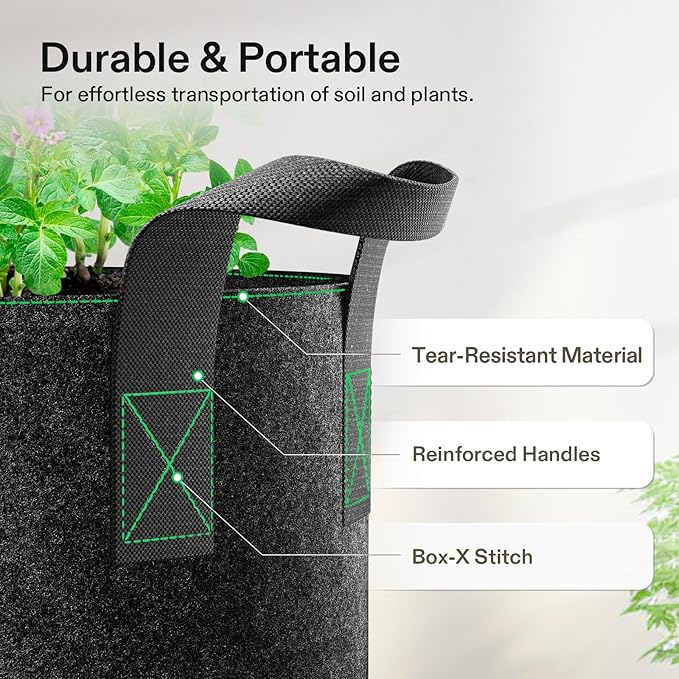 VIVOSUN 5-Pack 15 Gallon Plant Grow Bags, Heavy Duty Thickened Nonwoven Fabric - Image 6