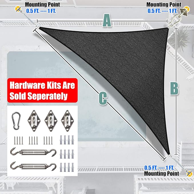 Amgo Custom Size 11' x 13' x 17' Black Right Triangle Sun Shade Sail Order to - Image 7
