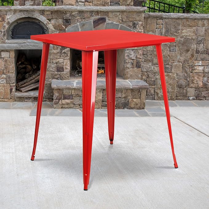 EMMA + OLIVER Commercial Grade 31.5" Square Red Metal Indoor-Outdoor Bar Height by EMMAOLIVER