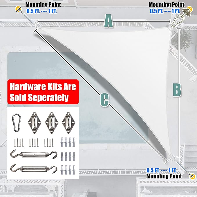 Amgo Custom Size 13' x 15' x 19.8' White Right Triangle Sun Shade Sail UPF50+ - Image 8