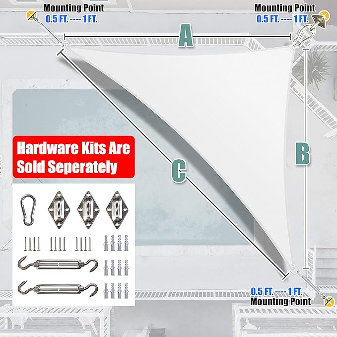 Amgo Custom Size 5' x 8' x 9.4' White Right Triangle Sun Shade Sail UPF50+ - Image 8