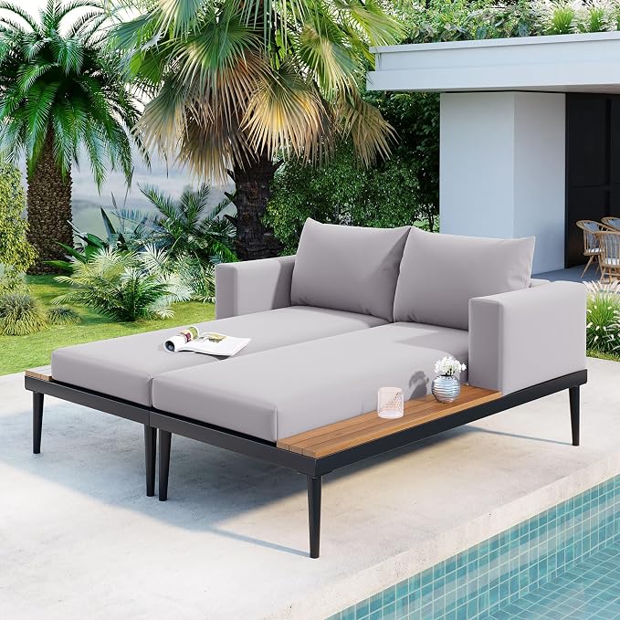 Outdoor Patio Daybed with Wood Topped Side Spaces by Merax
