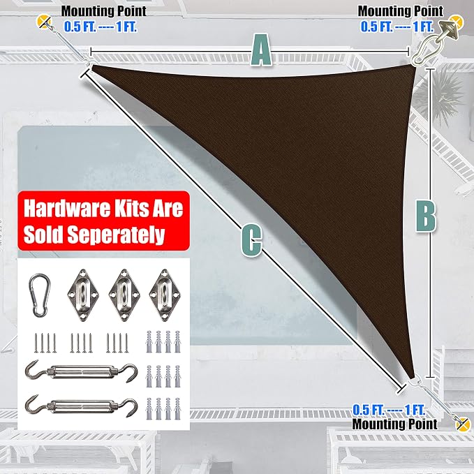Amgo 16' x 16' x 22.6' Brown Right Triangle Sun Shade Sail UPF50+ Canopy Awning - Image 7