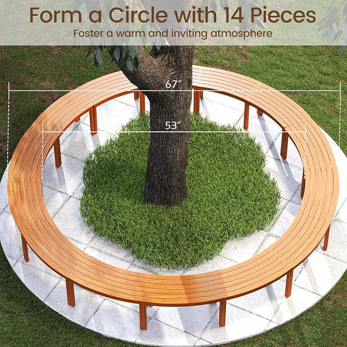 Tangkula Acacia Wood Outdoor Curved Bench Set of 3, Patio Garden Backless Fire - Image 8