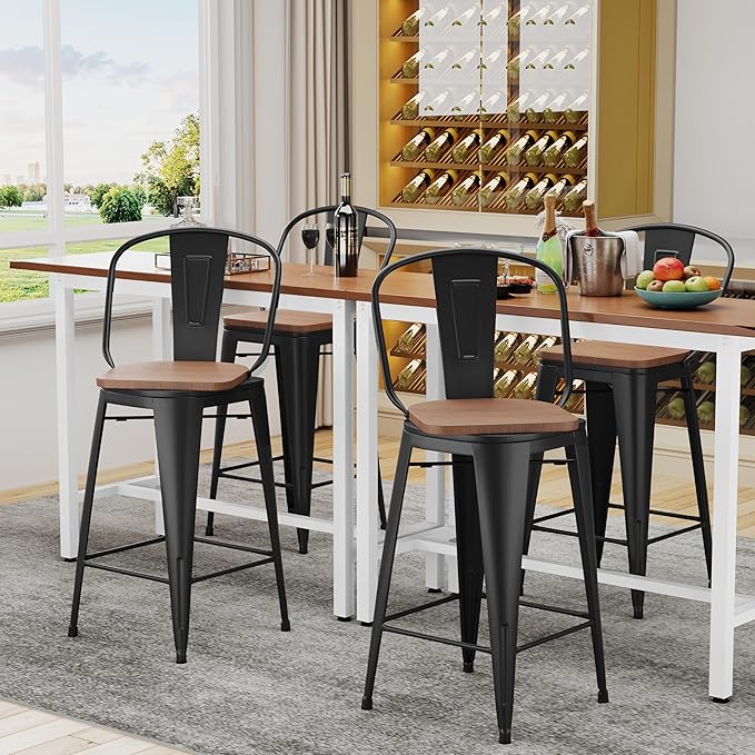 Alunaune 24" Swivel Metal Bar Stools Set of 4 High Back Counter Height - Image 3