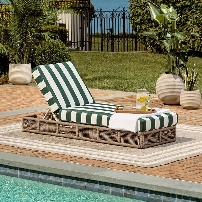 SAFAVIEH Outdoor Collection Gillian Heather Tan & Hunter Green Stripe Chaise - Image 9