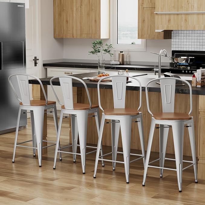 Alunaune 30" Swivel Metal Bar Stools Set of 4 High Back Counter Height - Image 4