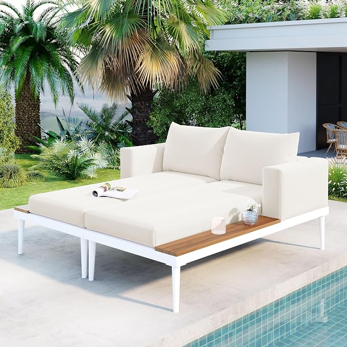 Polibi Patio Metal Daybed with Wood Topped Side Spaces by Polibi