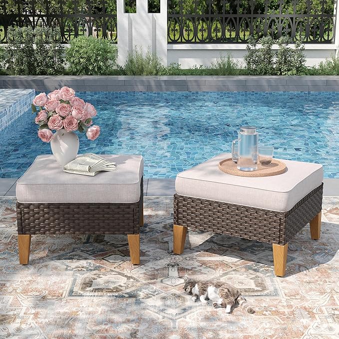 PHI VILLA 2 Pieces Patio Ottoman, All Weather Rattan Wicker Ottoman Seat by PHIVILLAThepioneerofcomfortablehouseholdsupplies
