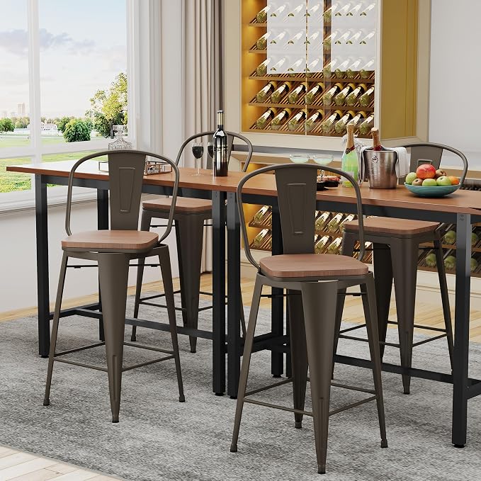 Alunaune 30" Swivel Metal Counter Height Bar Stools Set of 4 High Back - Image 3