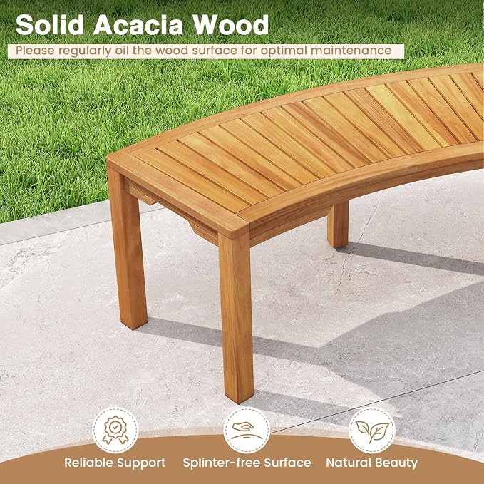 Tangkula Outdoor Curved Bench, Acacia Wood Fire Pit Bench w/Slatted Seat - Image 7