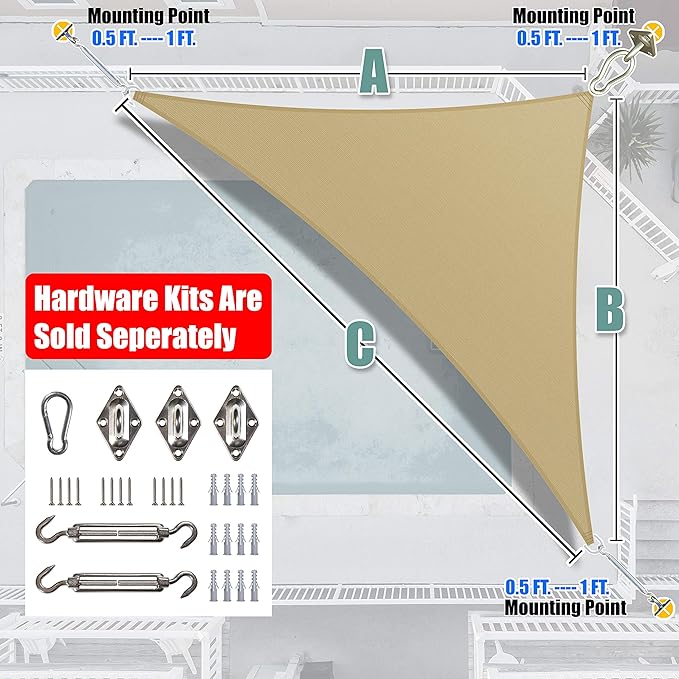 Amgo Custom Size 11' x 18' x 21.1' Sand Beige Right Triangle Sun Shade Sail - Image 8