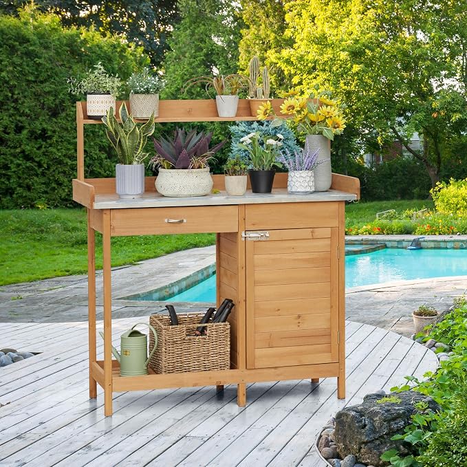 Yaheetech Outdoor Garden Potting Bench Table Work Bench Metal Tabletop - Image 4
