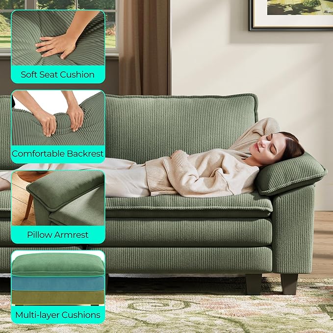 LINSY HOME 157'' Modular Sectional Sofa Green Couch Corduroy Cloud Couches - Image 3