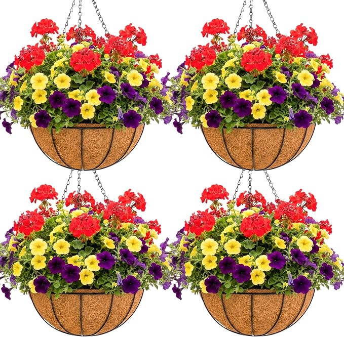 14 inch Metal Hanging Baskets For Plants Outdoor 4 Pack Round Metal Wire by JFFLYIT