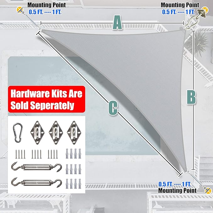 Amgo Custom Size 10' x 11' x 14.9' Gray Right Triangle Sun Shade Sail UPF50+ - Image 8
