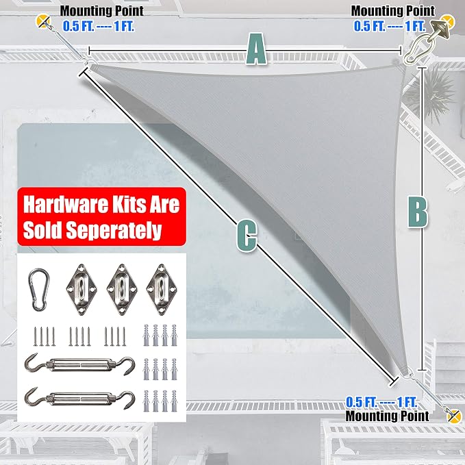 Amgo Custom Size 18' x 24' x 30' Gray Right Triangle Sun Shade Sail UPF50+ - Image 8