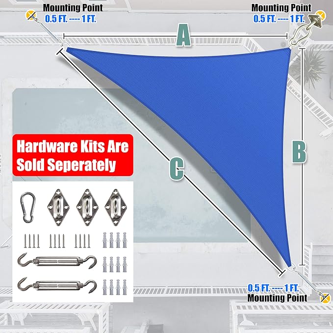 Amgo Custom Size 13' x 15' x 19.8' Blue Right Triangle Sun Shade Sail UPF50+ - Image 8