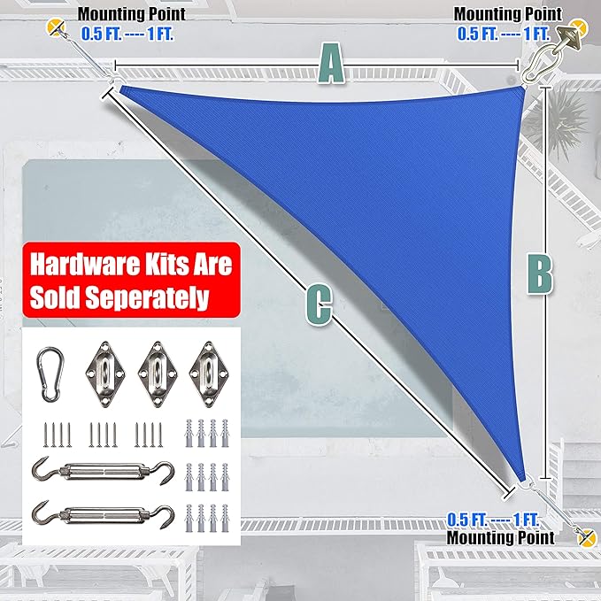 Amgo Custom Size 13' x 14' x 19.1' Blue Right Triangle Sun Shade Sail UPF50+ - Image 8