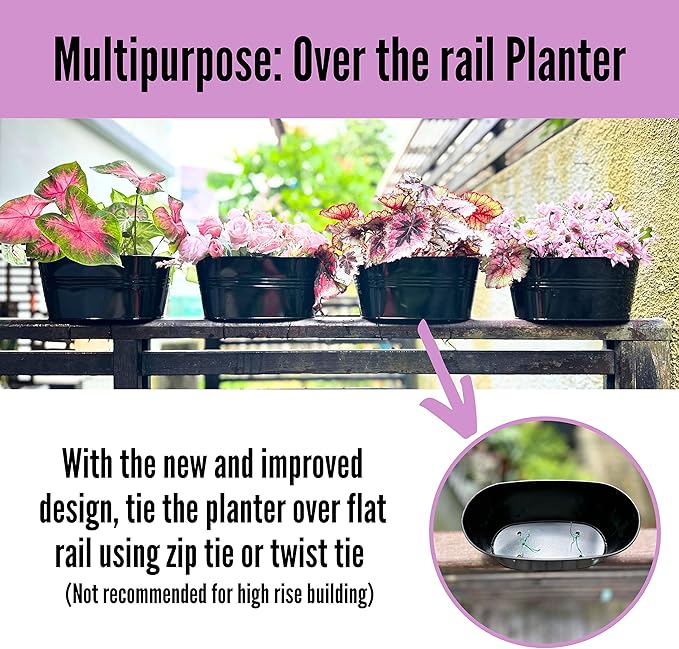 LaLaGreen Outdoor Plants Rail Planter Black Metal Iron Hanging Flower Oval Pots - Image 6