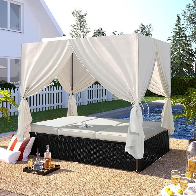 Patio Chaise Lounge, PE Rattan Outdoor Patio Wicker Sunbed Daybed - Image 6