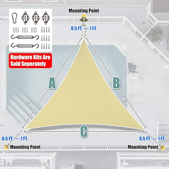 Amgo Custom Size 16' x 16' x 16' Beige Triangle Sun Shade Sail UPF50+ AGTAPRT12 - Image 8