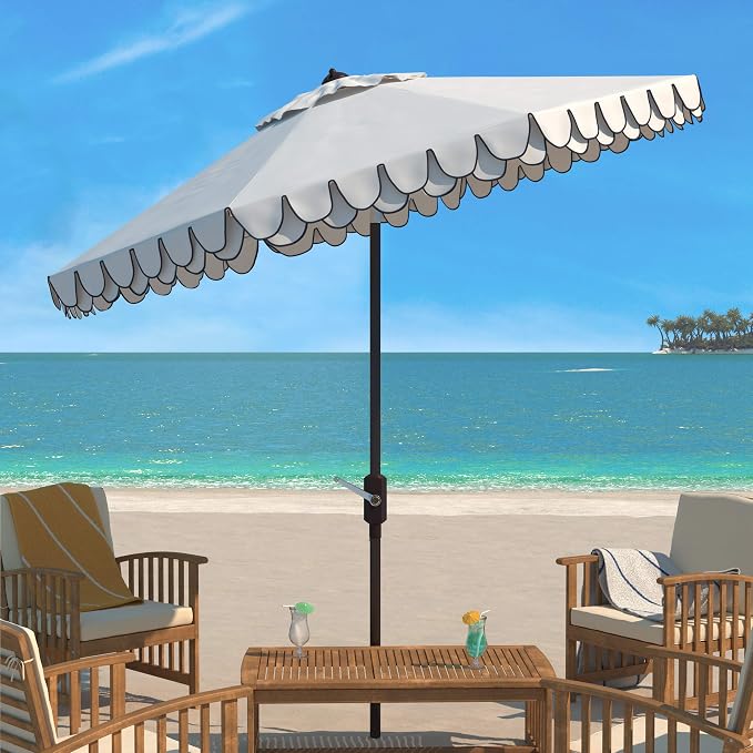 SAFAVIEH 9ft Outdoor Patio Umbrella, Ivory & Navy Trim, Auto Crank Tilt - Image 2