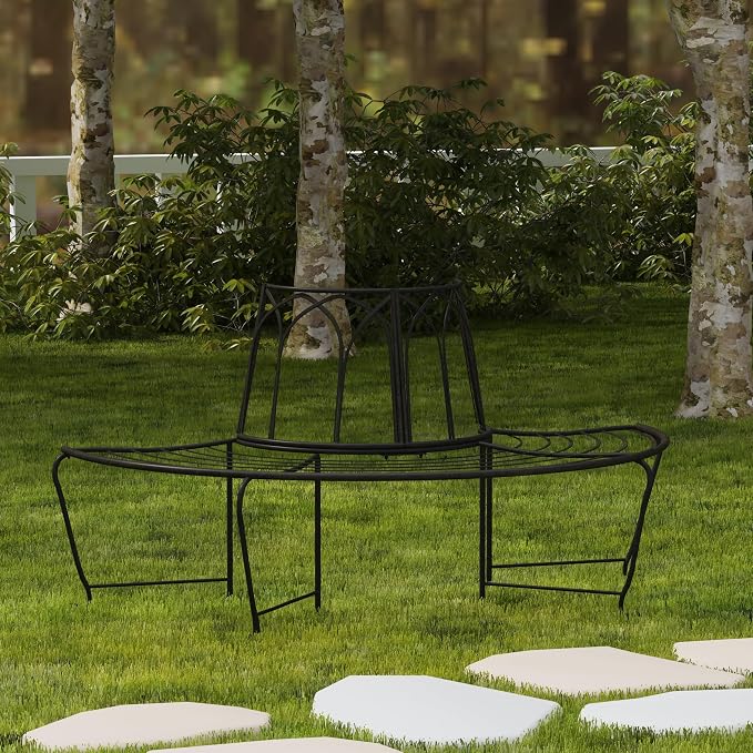 SAFAVIEH Outdoor Collection Abia Victorian Antique Black Semicircle Tree Bench - Image 2