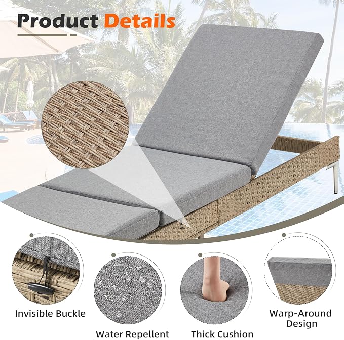 HOMREST Outdoor Chaise Lounge Chair Set of 2, Rattan Pool Sunbathing Recliner - Image 4