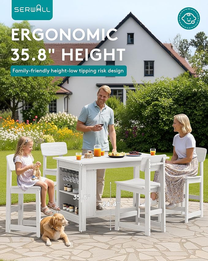 SERWALL Outdoor Bar Table and Chairs Set, 5-Piece HDPE Counter Height Patio - Image 3