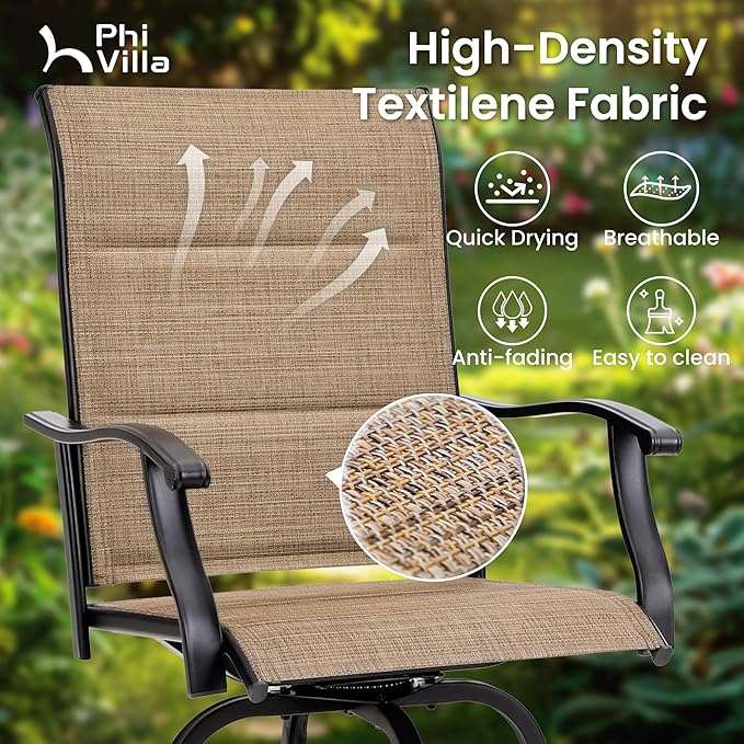 PHI VILLA 3 Piece Outdoor Swivel Bar Stools Set, Bar Height Patio Set - Image 6
