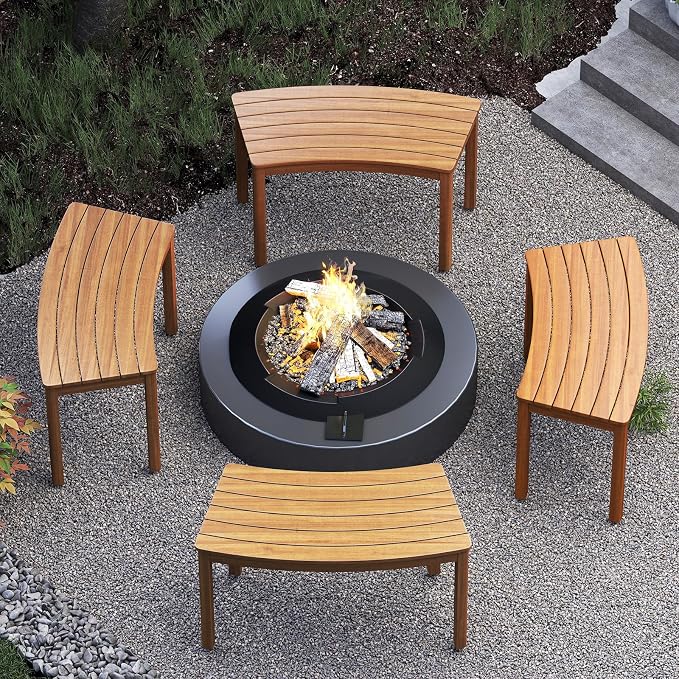 Tangkula Acacia Wood Outdoor Curved Bench Set of 4, Patio Garden Backless Fire by TANGKULA