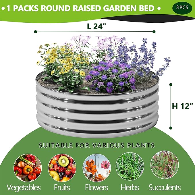 3PCS 2x2x1FT Galvanized Raised Garden Bed Kit, Vegetable Boxes-Round Metal - Image 2