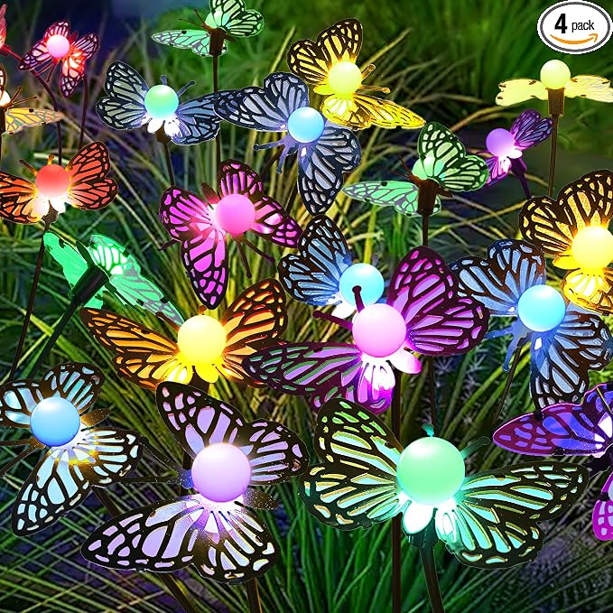 Solar Garden Butterfly Lights, 4 Pack 48 LED Solar Swaying Lights, 7 Color by MRHEPHAESTUS