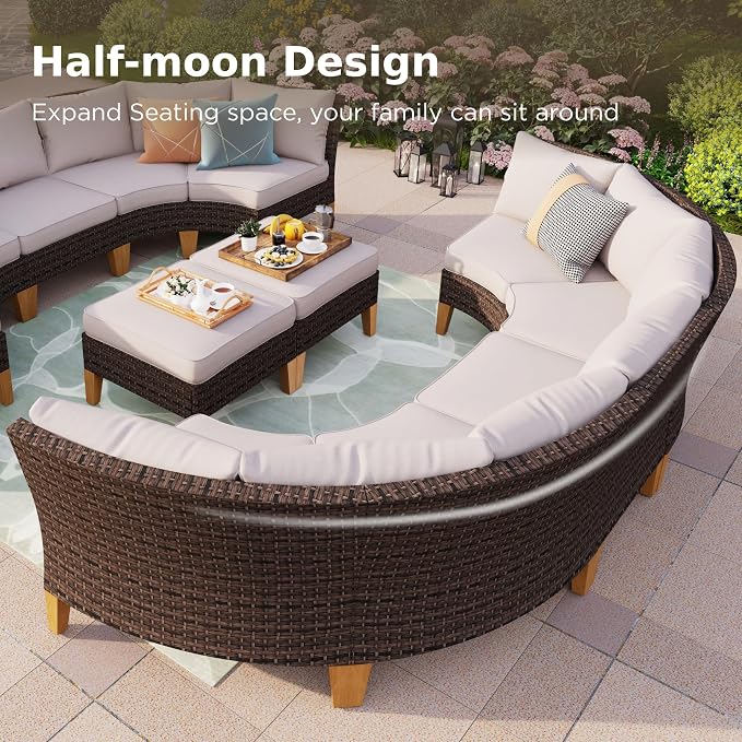 PHI VILLA 10-Piece Wicker Patio Furniture Set, Outdoor Half-Moon Curved - Image 8